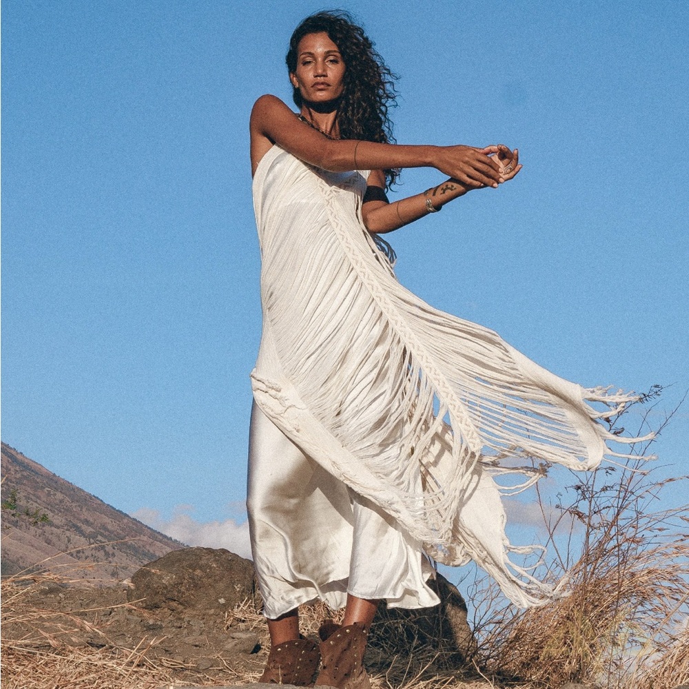 ♥️SOLD NEW Bohemian Elegant Cream Fringe Dress yoga cover up